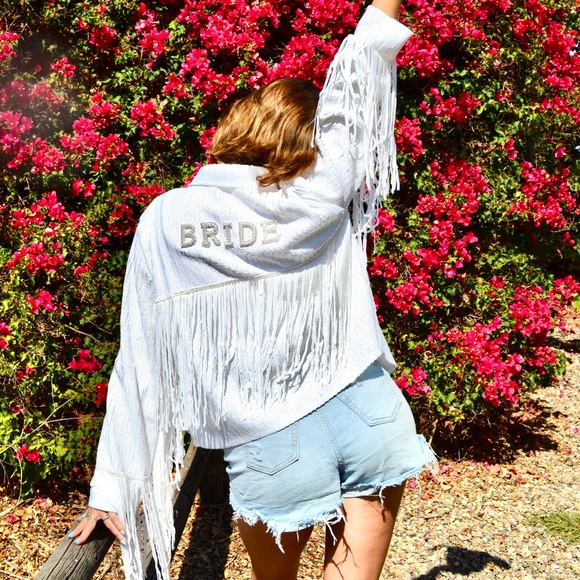 White Sequin Bride Jacket, Bride Bachelorette Bridal Shower Engagement Gift - Picture 2 of 9